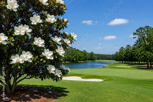 A manicured green golf course under a clear blue sky with a magnolia tree in full bloom.