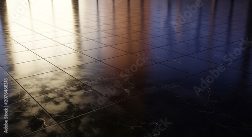 Reflections on wet tile floor, shiny black squares, indoor lighting, abstract background