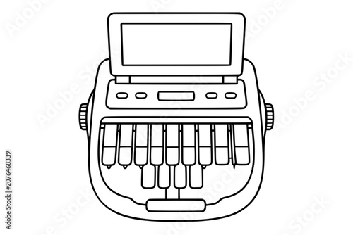 A detailed black and white line art vector icon illustration of a professional court reporter stenograph machine featuring a digital display screen and specialized keyboard for legal work.