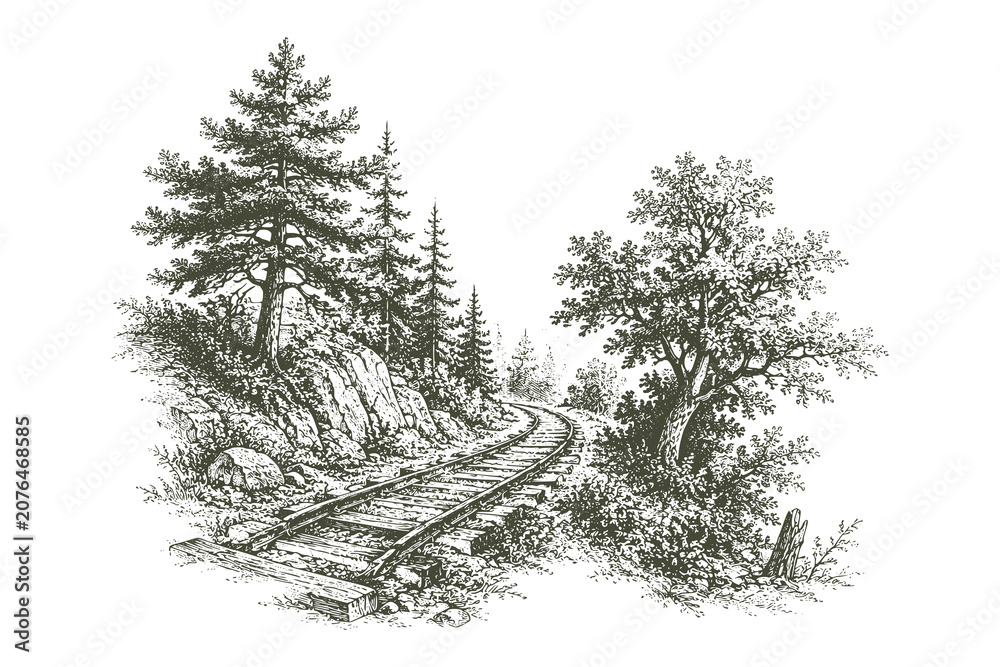 Naklejka premium Vintage engraved railway landscape vector illustration featuring curved railroad tracks through rocky woodland in detailed hand drawn etching style for travel projects
