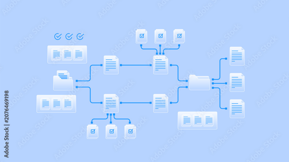 Fototapeta premium Document management workflow system with folder structure, file processing pipeline and task checklist document integration.