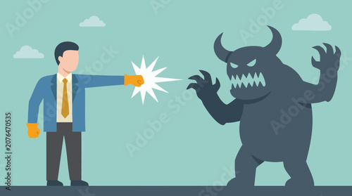 Businessman punching a monster, symbolizing challenges and problem-solving