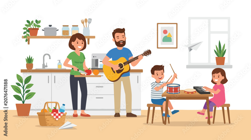 Fototapeta premium A happy family of four spends quality time in their kitchen, with the father playing guitar, mother cooking, and children playing toy instruments.