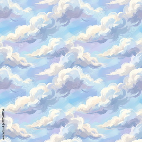 Dreamy Cloudscape of Fluffy Pastel Clouds Over a Soft Blue Sky.