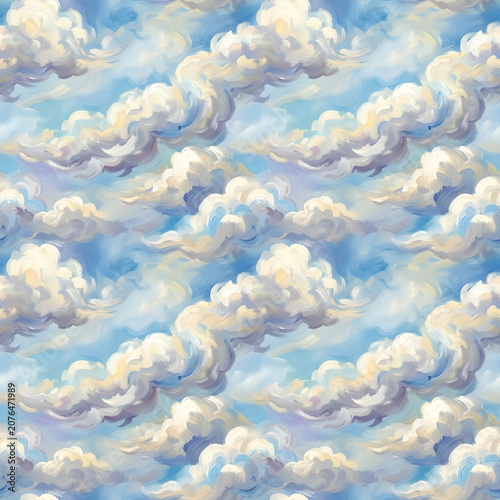 Dreamy Cloudscape of Puffy White Clouds in a Clear Blue Sky.