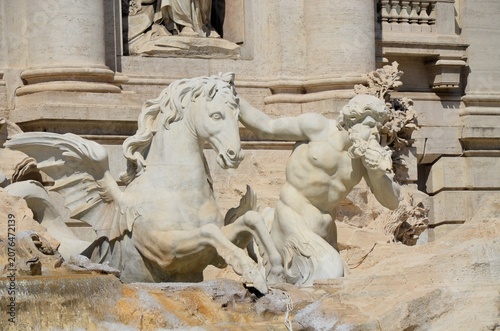 Rome, Italy 09.09.2020: Tritons and horses (Trevi fountain)