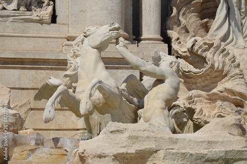 Rome, Italy 09.09.2020: Tritons and horses (Trevi fountain)