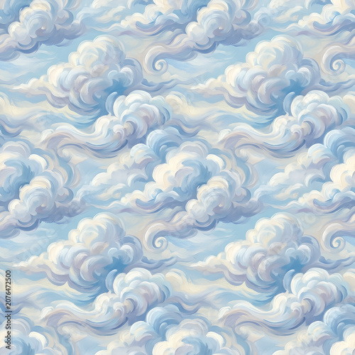 Dreamy Cloudscape Painting of Fluffy Sky Clouds.