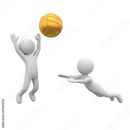 Two cartoon figures playing volleyball with bright yellow ball mid air transparent background