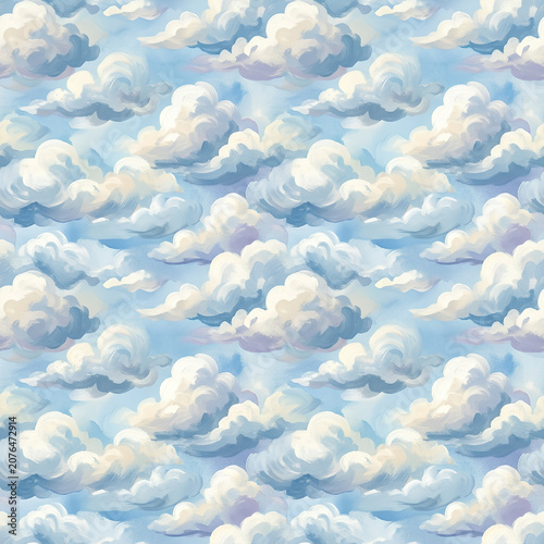 Dreamy Sky Filled With Soft White Clouds Over Bright Blue Horizon.