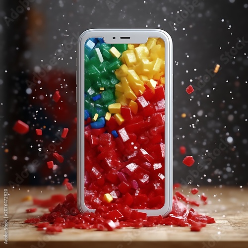 Smartphone overflowing with vibrant, colorful, cubical fragments spilling onto a wooden surface