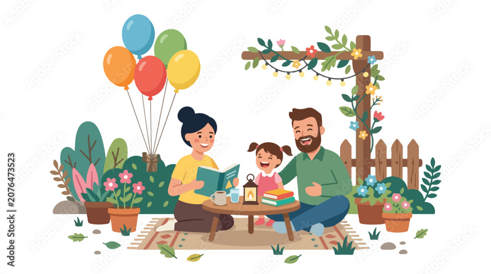Fototapeta premium A smiling family of three enjoys a cozy outdoor picnic while reading books in a beautiful garden decorated with balloons and lights.