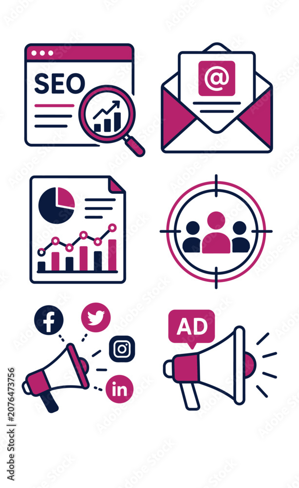 Fototapeta premium A comprehensive set of digital marketing strategy icons for business promotion and online advertising