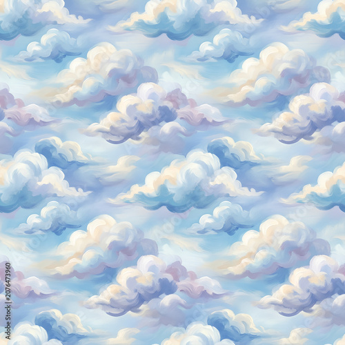 Fluffy blue clouds filling a bright sky.
