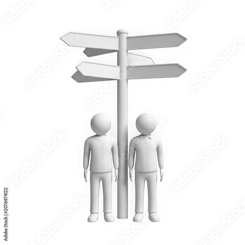 Two people standing confused in front of multiple direction signs transparent background