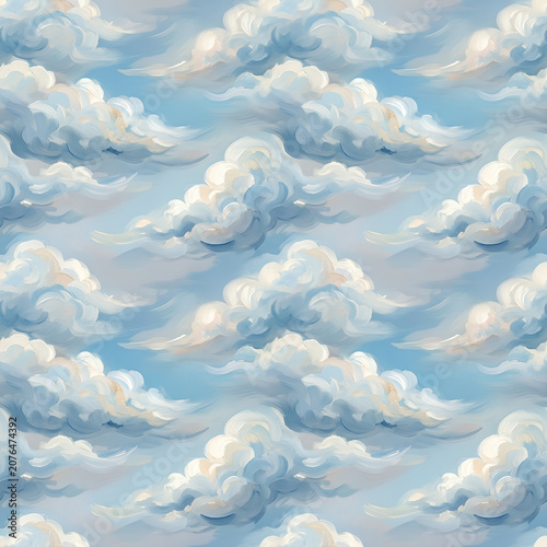 Fluffy Cumulus Clouds Across A Bright Sky.