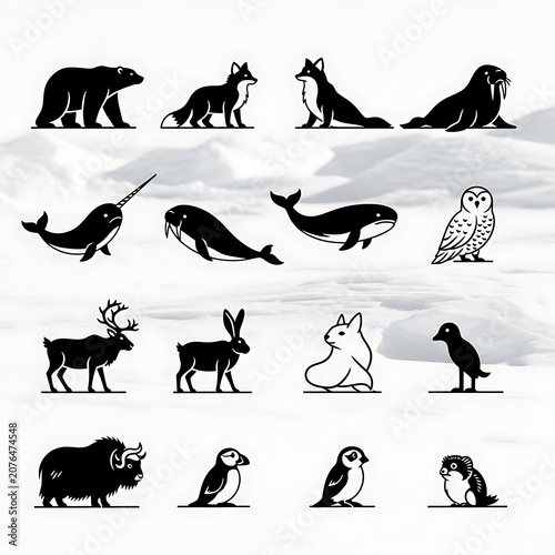 Black and white wildlife animal silhouettes collection.