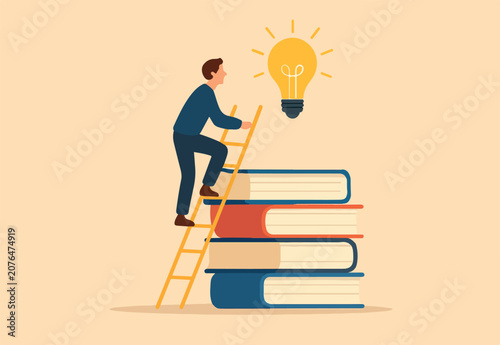 Creativity, knowledge to achieve success, imagination or education to develop skills, inspiration or finding solution concept, young adult man climb up ladder on book stack to find creative lightbulb