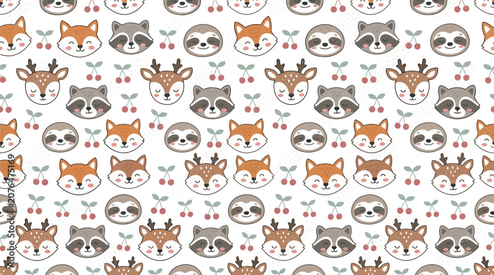 Obraz premium Cute seamless pattern featuring hand drawn woodland animal faces and small red cherry fruit illustrations
