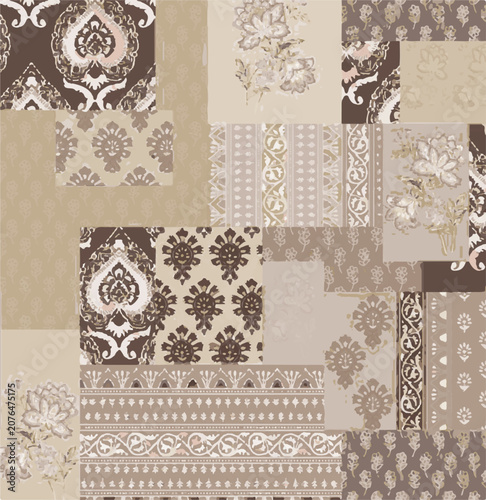 patchwork floral pattern with paisley and indian flower motifs. damask style pattern for textile and decoration,ikat pattern
