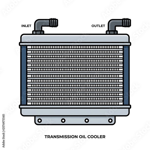 Black transmission oil cooler with inlet outlet ports.