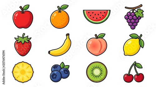 Colorful fresh fruits and berries illustration set.