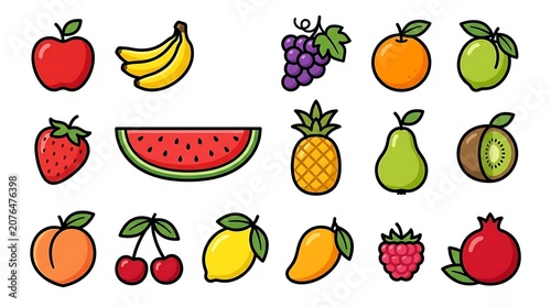 Vibrant cartoon fruits and vegetables illustration.