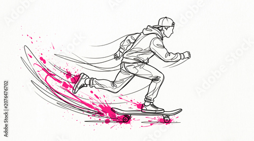 Dynamic Skateboarder Line Art Sketch with Pink Splash