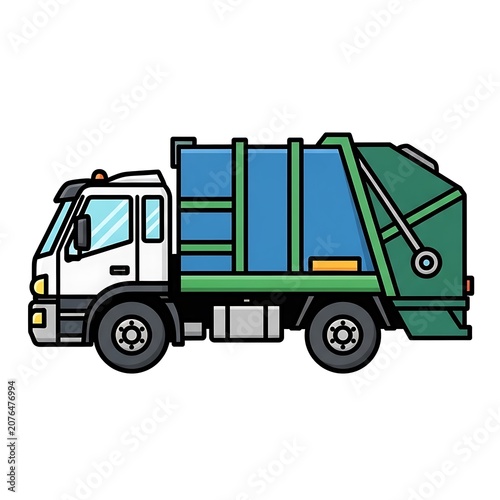 Green delivery truck with blue cargo containers on road.