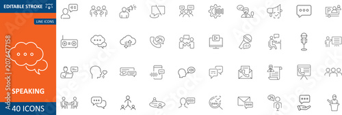 Speaking icons set. Presentation, debate, talking, conversation, consultation, conference, voice, speech bubble and public speaking. Thin line editable stroke vector. Outline illustration.