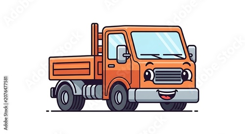 Orange dump truck with flatbed trailer isolated.