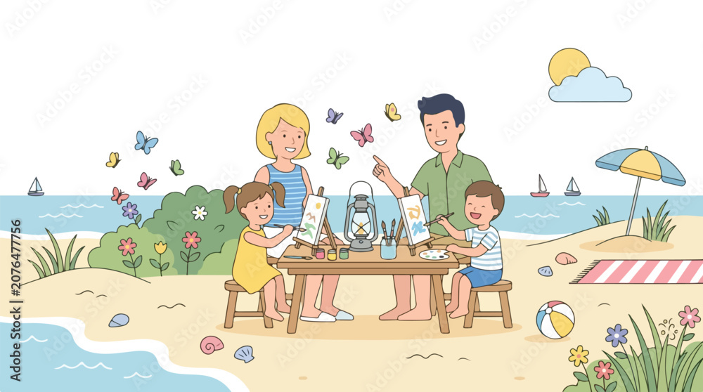 Naklejka premium A happy family of four is enjoying a creative day at the beach, sitting together at a wooden table and painting colorful pictures.