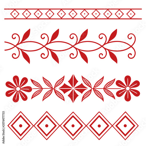 Bild auf Leinwand Collection of decorative borders with folk and floral motifs in red color suitable for horizontal design elements on white background