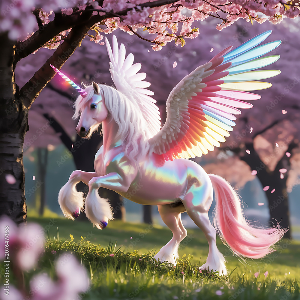 Fototapeta premium Photorealistic digital art of a majestic winged unicorn with rainbow wings standing in a blossoming spring garden