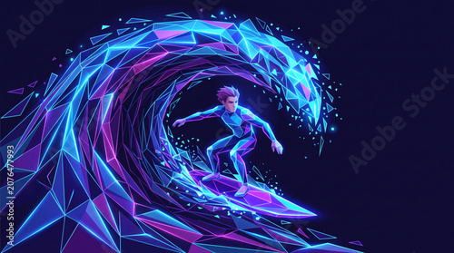 Low Poly Youth Surfing Digital Polygonal Wave Technology Illustration