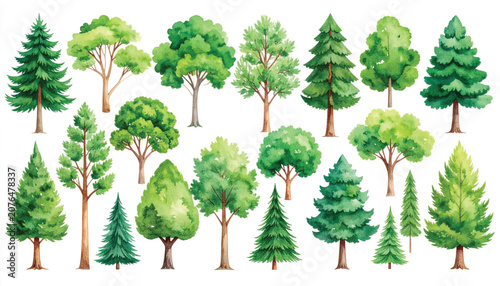 Variety of green trees on white.