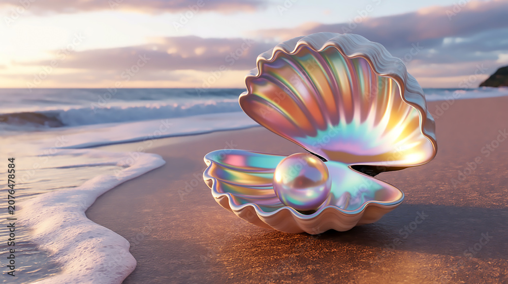 Fototapeta premium A photorealistic image of an iridescent open seashell with a glowing pearl resting on a sandy ocean beach at sunset