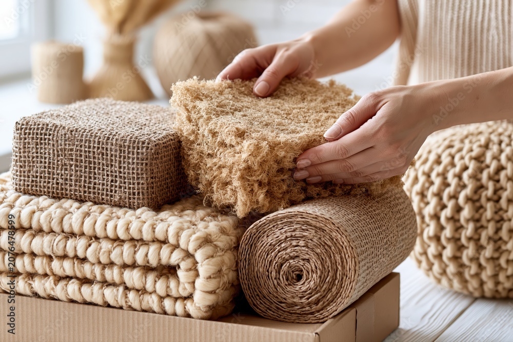 Obraz premium Hands holding natural textured materials like burlap fabric, jute rope, and woven textiles for crafting.