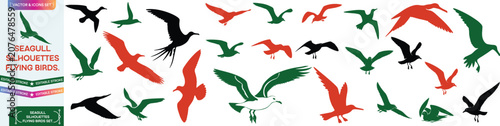 Cuadro en lienzo Seagull silhouettes, flying birds vector set, black silhouette seagulls, vector illustration
