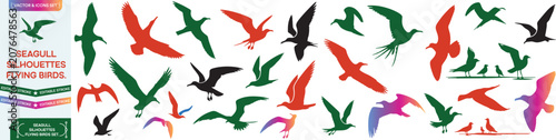 Cuadro en lienzo Seagull silhouettes, flying birds vector set, black silhouette seagulls, vector illustration