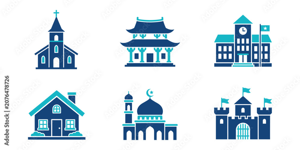 Naklejka premium Various religious and secular buildings in blue vector illustration including church, mosque, temple, school, house, and castle with turquoise accents on white background.