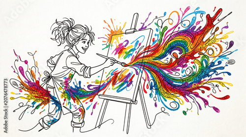 Creative Girl Sketch Painting on Easel with Vibrant Colorful Paint Splash Vector Illustration