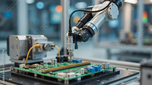 Robotic arm assembling circuit board in electronics factory