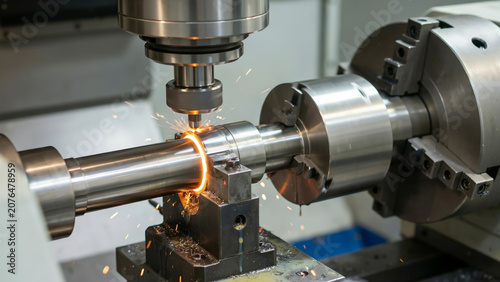 Robotic welding arm working on metal parts with sparks