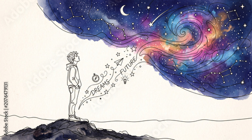 Boy Looking at Colorful Nebula Night Sky with Dreams and Future Text Watercolor Illustration