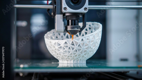 3d printer creating a white plastic object in workshop