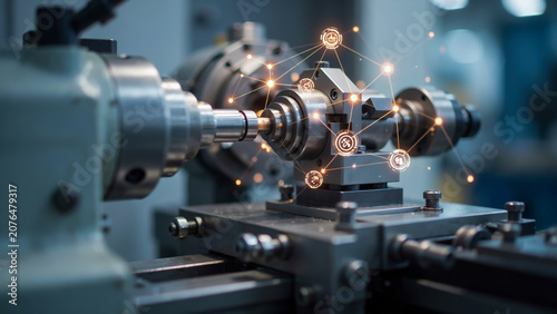 Industrial machine with robotic arm assembling metal parts in factory