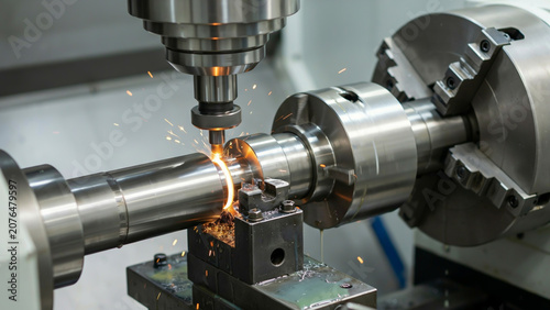 Industrial robot welding metal parts in factory with sparks