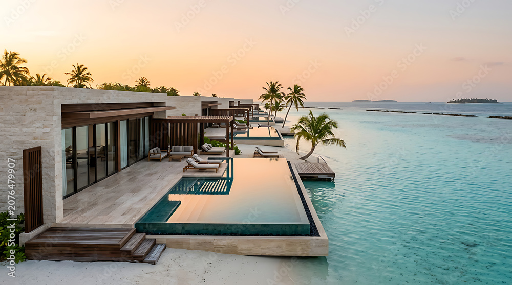 Fototapeta premium Luxury tropical resort with infinity pool over turquoise ocean at sunset