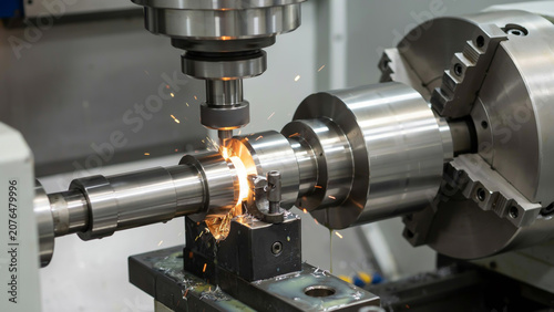Industrial robot welding metal parts in factory